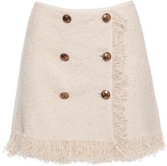 Elisabetta Franchi Beige Mini Skirt With Logo-Embossed Buttons And Fringed Hem