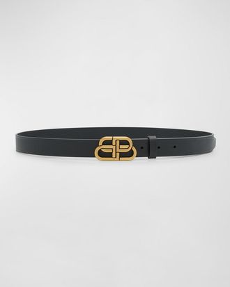 Balenciaga Silver-Tone BB Thin Leather Belt