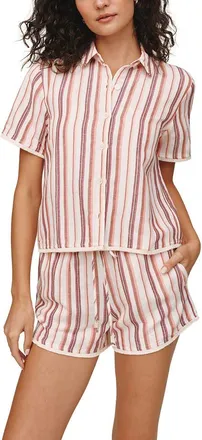 Bella Dahl Stripe Frayed Short Sleeve Linen Blend Button-Up Shirt in Sunset Stripe at Nordstrom, Size X-Large