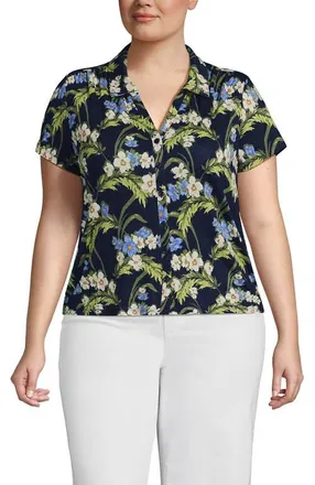 Lands End Linen Blend Short Sleeve Button Front Polo Top in Deep Sea/blue Floral Tropic at Nordstrom, Size X-Large