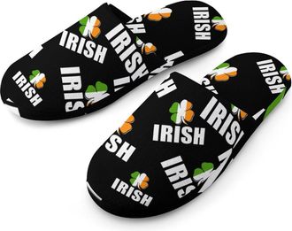 Generic Irish Flag Clovers Flannel Mens Slip-on Slippers Winter Warm House Shoes with Rubber Sole for Home Hotel