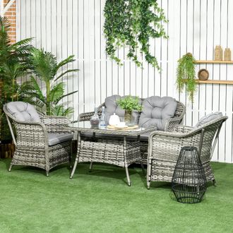 OUTSUNNY 4 PCS Rattan Garden Furniture, Padded Cushions Conversation Sofa Set in Grey