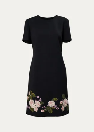 Carolina Herrera Floral Embroidered Wool Short-Sleeve Mini Dress