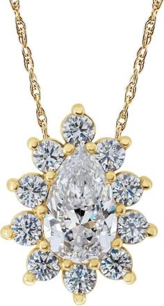 Pompeii3 1/2Ct Pear Shape Halo Lab Grown Diamond Pendant Necklace in White or Yellow Gold