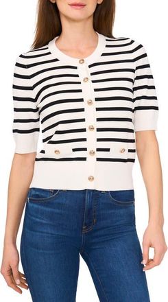 CeCe by Cynthia Steffe Stripe Short Sleeve Cardigan with Goldtone Buttons in Antique White at Nordstrom, Size X-Large