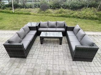 Fimous Outdoor Rattan Garden Furniture Lounge Sofa Set With Oblong Rectagular Coffee Table in Dark Grey