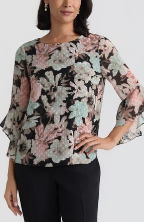 Kasper Blurred Floral Print Clip Dot Top in Black Multi at Nordstrom, Size X-Large