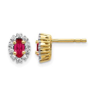 Diamond2Deal 14k Gold 1/5 Ct Lab Grown Diamond and Oval Created Ruby Halo Stud Earrings