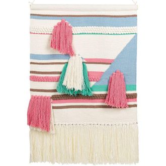 Beliani Decoraci&oacute;n De Pared De Algod&oacute;n Beige Claro Rosa Azul Marr&oacute;n Verde 60 X 90 Cm A Mano Borlas Moola