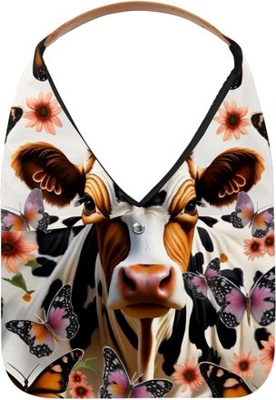 Generic Butterflies Flower Cow Print Reusable Lightweight Grocery Bags - Foldable Into Compact Pouch, Washable & Sturdy, Multipurpose for Shopping and Travel