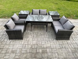 Fimous Rattan Garden Furniture Set Patio Outdoor Lounge Sofa Set with Oblong Dining Table Double Seat Sofa 2 Side Tables in Dark Grey