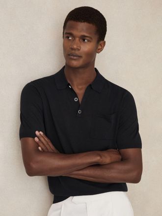 Reiss Navy Patch Pocket Knit Polo Shirt, S