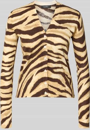 Lauren Ralph Lauren Strickjacke aus Leinen-Baumwoll-Mix Modell DENZEL in Hellbraun Melange, Größe XL