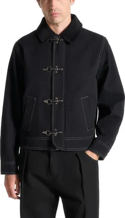 Mani&egrave;re De Voir Nino Clasp Detail Contrast Stitch Gabardine Jacket in Black at Nordstrom, Size Xx-Large