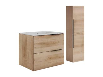 Vente-Unique Mueble de ba&ntilde;o suspendido con lavabo para encastrar y columna - Roble claro natural - 60 cm - NISAYA