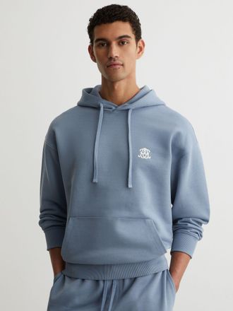Reiss Powder Blue Monogram Embroidered Relaxed Hoodie, Xxl