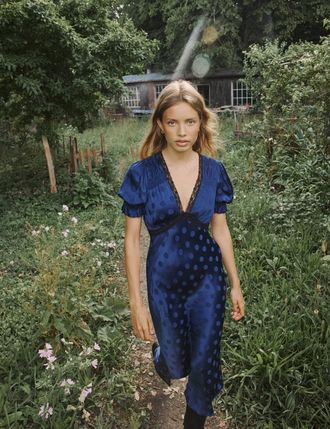 Nobody's Child Navy Polka Dot Jacquard Angela Midi Dress