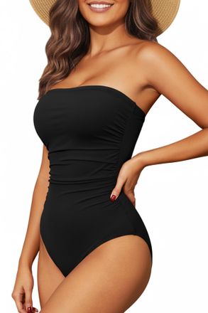 Holipick Women Tummy Control One Piece Swimsuits Strapless Bandeau Bathing Suits Slimming Halter Swimwear, Black, Medium