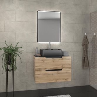 Aurlane Mueble De Ba&ntilde;o 80 Cm 2 Cajones - Roble Y Negro - Lavabo Rectangular - Espejo Negro Led - Omega