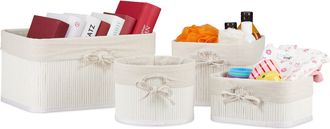 Relaxdays Cestos Almacenaje Set De 8, Bamb&uacute; Y Funda De Tela, 4 Tama&ntilde;os, Caja De Juguetes, Cosm&eacute;ticos Y Toallas, Blanco