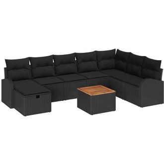 vidaXL Conjunto De Sof&aacute; De Jard&iacute;n Con Coj&iacute;n 9 Pcs Negro Polirat&aacute;n