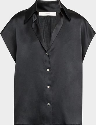 Vince Cap-Sleeve Ruched-Back Silk Blouse
