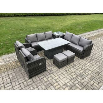 Fimous Rattan Outdoor Garden Furniture Sets Height Adjustable Rising lifting DiningTable Sofa Set with Reclining Chair Side Table 2 Small Footstools Dark