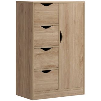 HOMCOM Bathroom Floor Cabinet - Freestanding Storage Unit with 4 Drawers and Door Cupboard for Living Room - Kitchen - Bedroom - Natural | TJ Hughes