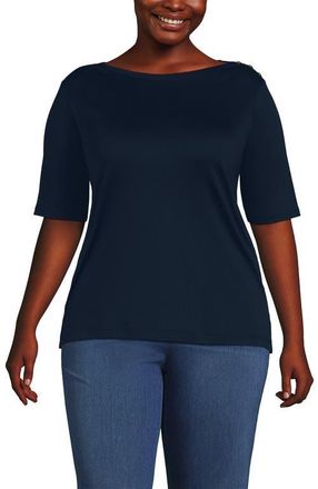 Lands End Plus Size Supima Cotton Elbow Sleeve Boatneck Button Shoulder Tee in Radiant Navy at Nordstrom, Size X-Large P