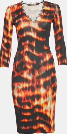 Roberto Cavalli Black/orange Flames Print Jersey Shift Dress