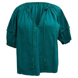 Ulla Johnson Tie-Front Puffed-Sleeve Blouse in Teal Cotton