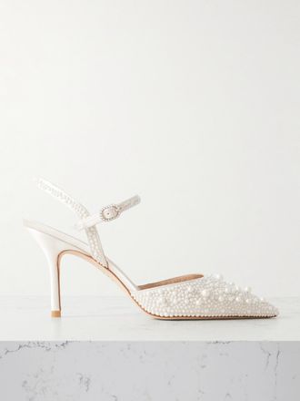Stuart Weitzman Bliss Slingback-pumps Aus Satin Mit Kunstperlen - Wei&szlig;