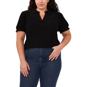 CeCe by Cynthia Steffe Puff Sleeve Spread Collar Crepe Knit Top in Rich Black at Nordstrom, Size 2X