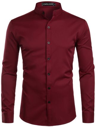 PARKLEES Mens Slim Fit Long Sleeve Button Up Casual Band Collar Shirts CL08 Burgundy XXL