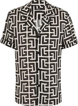 Balmain Monogram Print Shirt - Heren - Korte mouwen Overhemden - Zwart - L - Nylon - Overhemden