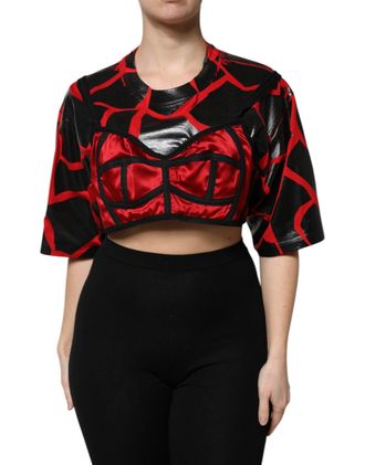 Dolce & Gabbana Womens Red Black Cotton Bustier Detailing Cropped Top And