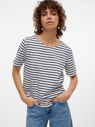 Vero Moda Rundhalsshirt VERO MODA VMABBY SS ZIP TOP JRS NOOS, Damen, Gr. XXL, blau (snow wei&szlig; stripes:navy blazer), Jersey, Obermaterial: 77% Polyester, 19% Vis