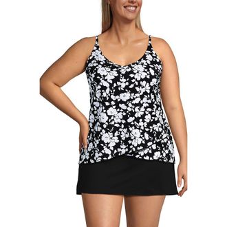 Lands End Tulip Hem Tankini Top in Black Blossom Floral at Nordstrom, Size 3X