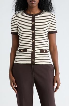 T Tahari Stripe Short Sleeve Crop Cardigan in Cream/Inky Espresso at Nordstrom Rack, Size X-Small