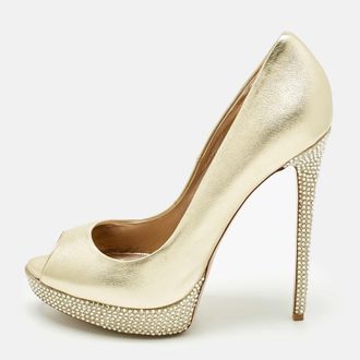 Le Silla Gold Leather Crystal Embellished Platform Pumps