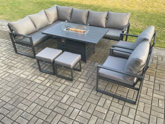 Fimous Aluminium Patio Outdoor Garden Furniture Corner Sofa Set Gas Fire Pit Dining Table with 2 Chairs 2 Footstools Dark Grey