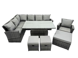 Fimous Poly Rattan Outdoor Patio Corner Sofa Set with 3 Stools in Dark Grey