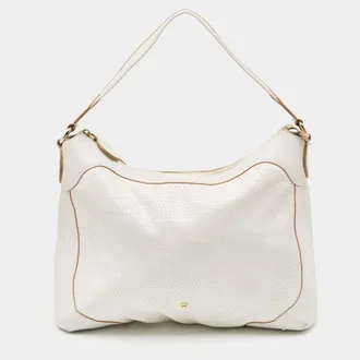 Aigner White Embossed Leather Zip Hobo