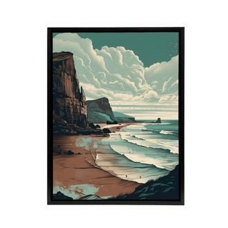 Artery8 Cliff Bay Dramatic Coastal Landscape Framed Canvas Wall Art Print in Blue | Size: W24 x H32