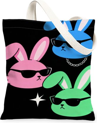 Generic Cool Rabbit Canvas Tote Bags, Stylish Bunny Pattern Reusable Grocery Bags, Summer Fun Lightweight Washable Shoulder Strap C, Black, 13x15 Inch
