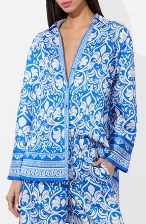 Alice & Olivia Kiva Oversize Mixed Print Button-Up Shirt in Soiree Trueblue at Nordstrom Rack, Size X-Small