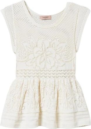 Twinset Uitlopende Gebreide Top met Bloemendesign - Dames - Tops zonder mouwen - Beige - M - Leer - Tops