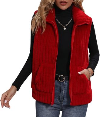 Feoya Fleece Gilet for Women Stand Collar Zipper Vest Jacket with Pockets Casual Solid Body Warmer Coat D-Red L
