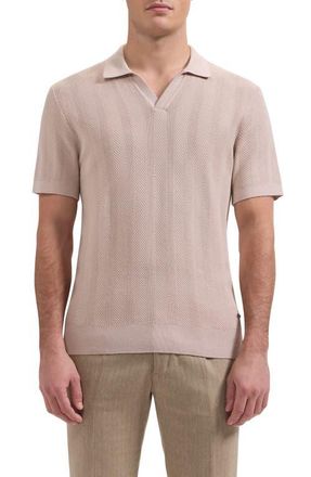 Bugatchi Johnny Collar Basket Stitch Cotton Blend Short Sleeve Sweater in Sand at Nordstrom, Size Xx-Large