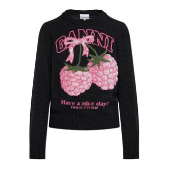 Ganni Round-neck Knitwear, female, Black, Size: XS Sweater with logo